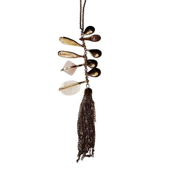 Vtg Statement Necklace Chain Tassel Dangle 16" Gold Tone Long Unsigned - Picture 2 of 5